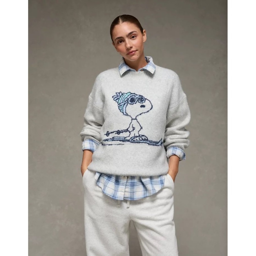 American Eagle Peanuts Snoopy Skiing Graphic Sweater Gray Oversized Large